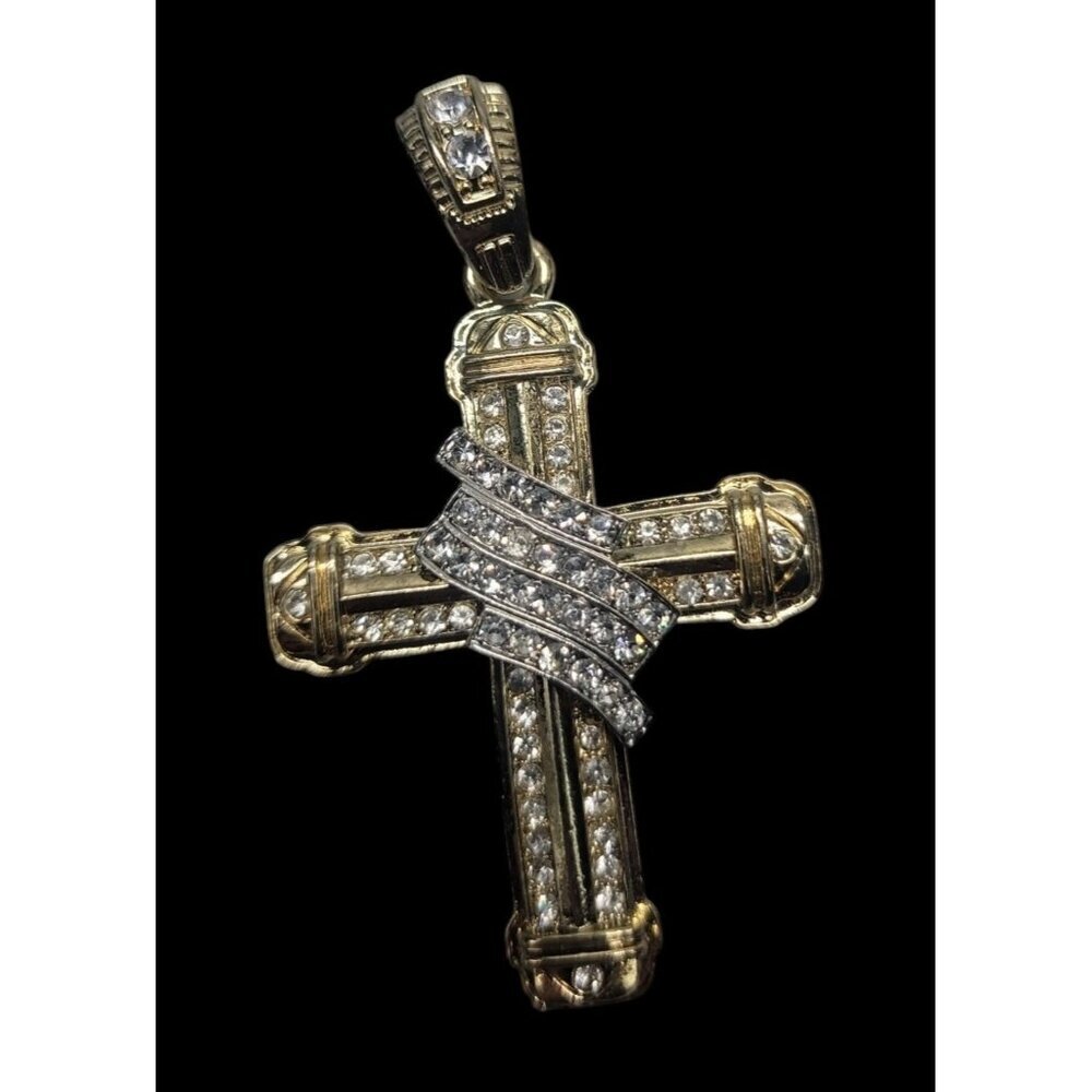 Stainless Steel Rhinestone Oversized Cross Pendant Gold Tone Lots of Bling